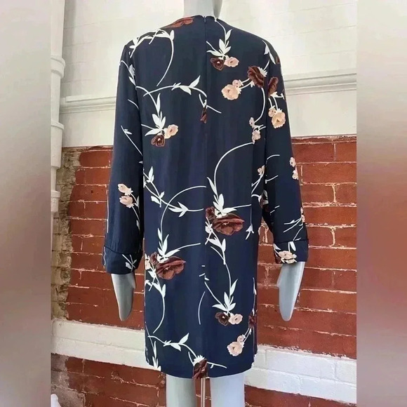 Ganni Dalton Shift Dress in Navy Blue Floral Crepe Long Sleeve Mini - Picture 7 of 16
